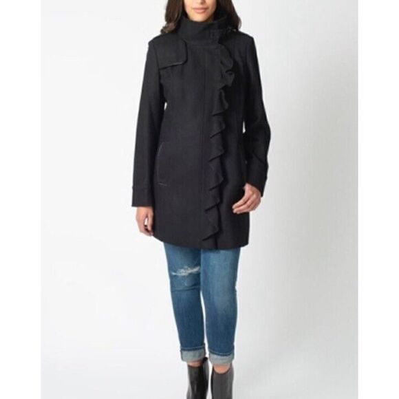 TAHARI~BLACK WOOL RUFFLE SNAP FRONT LEATHER TRIM COAT sz 14 - Picture 3 of 16